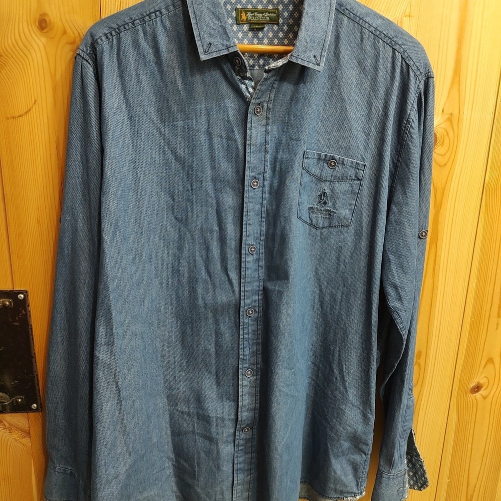 Royal County  Berkshire Polo Club Shirt Men Large Blue Denim Long Sleeve Button‎